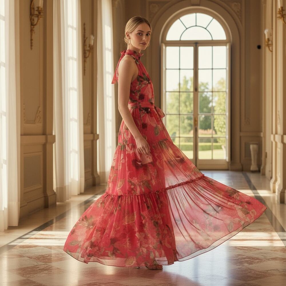 Eliza J Vibrant Pink Floral Halter Gown Size 6 NWT - NO BELT - Picture 3 of 8